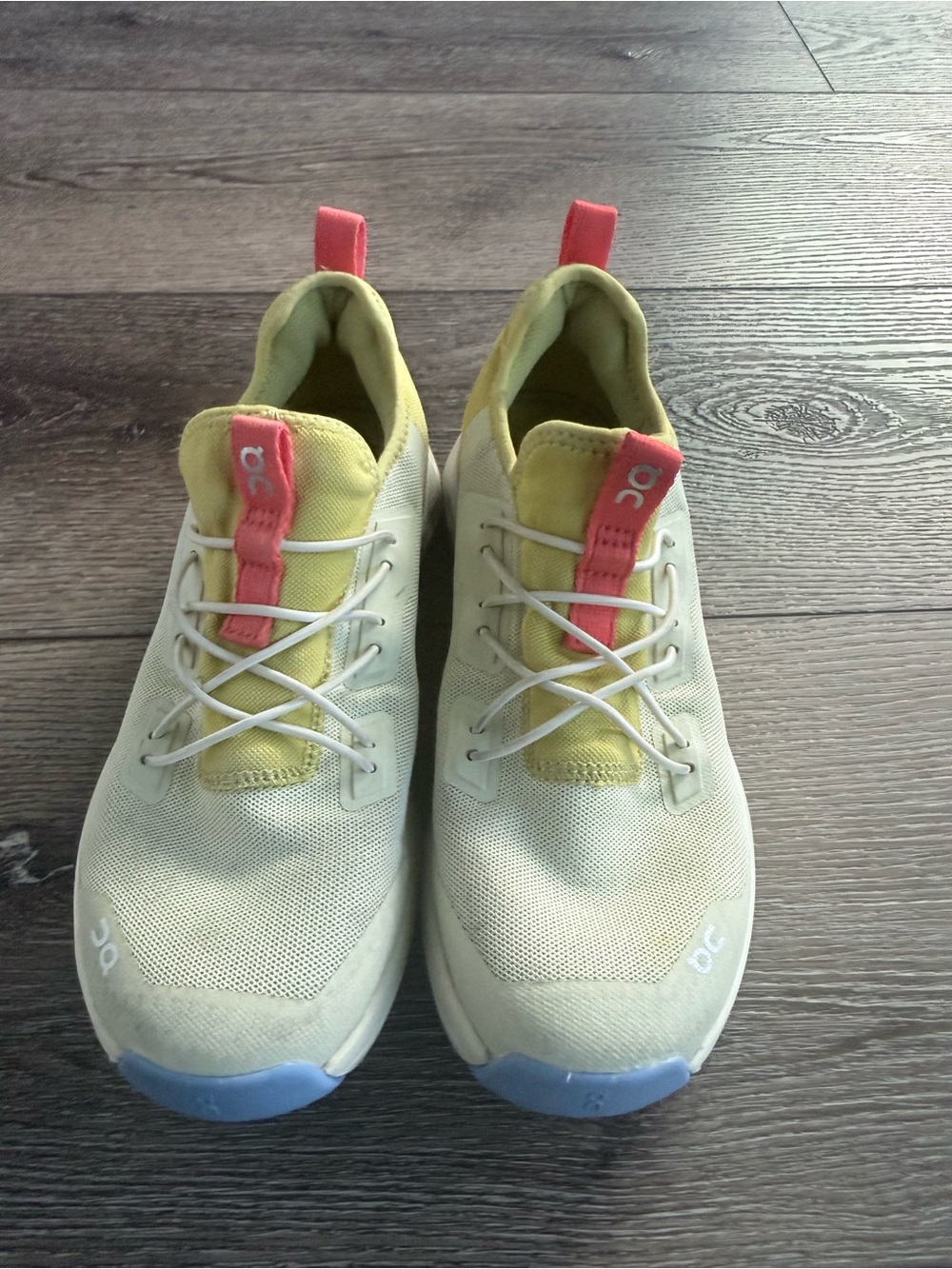 On Running Girls Sneakers in Light Yellow with Coral and Pale Blue Accents